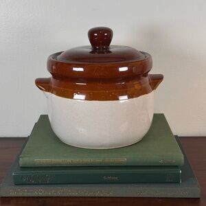 Vintage Ceramic Stoneware Glazed Bean Pot Jar Brown Cream Handles Lid